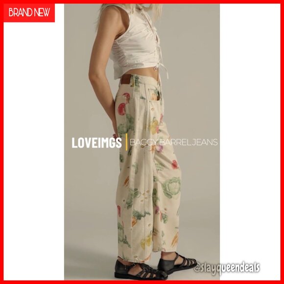 Wide Leg Barrel Jeans Mid Rise Floral Print Denim Sweatpants Y2K - Picture 7 of 7